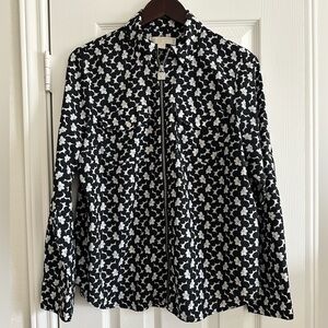 Michael Kors Women's Black Floral Full Zip Long Sleeve Top, Polyester, Large